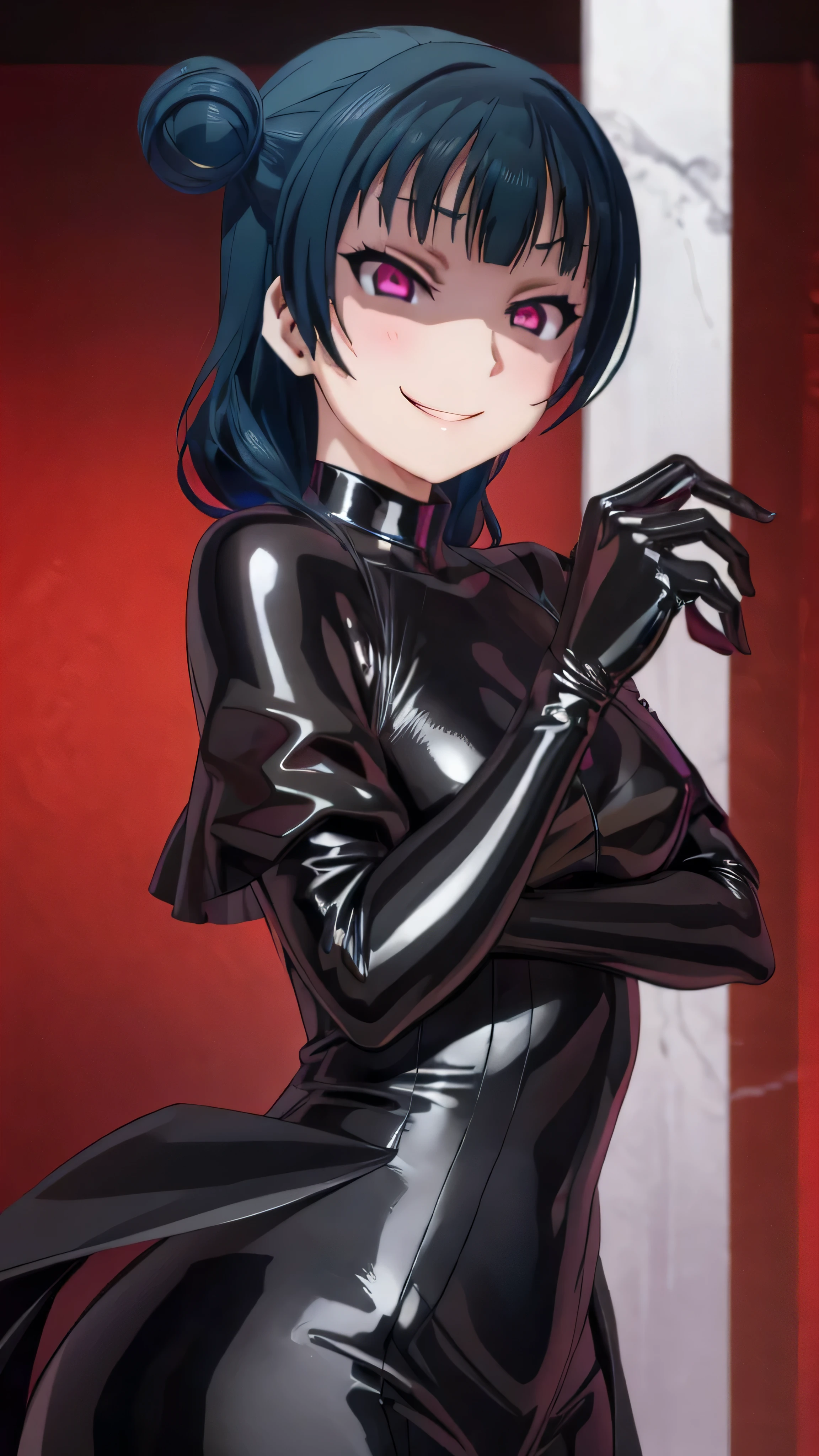 night、lovelive Black Background、Evil background、、Sensual dark light、A shiny black rubber suit that wraps around the body、tall、Upper Body、adult、、Alone、Navy blue hair twin tail drill Volumie、Upper Body、Evil female warrior、Fantasy、Condescending smile、Fallen into evil、Fall into Darkness, Yoshiko Tsushima,very evil smirk, (((black latex gloves)))、uneasy red background,beautiful hands,beautiful body,looking down at viewer,two hands,