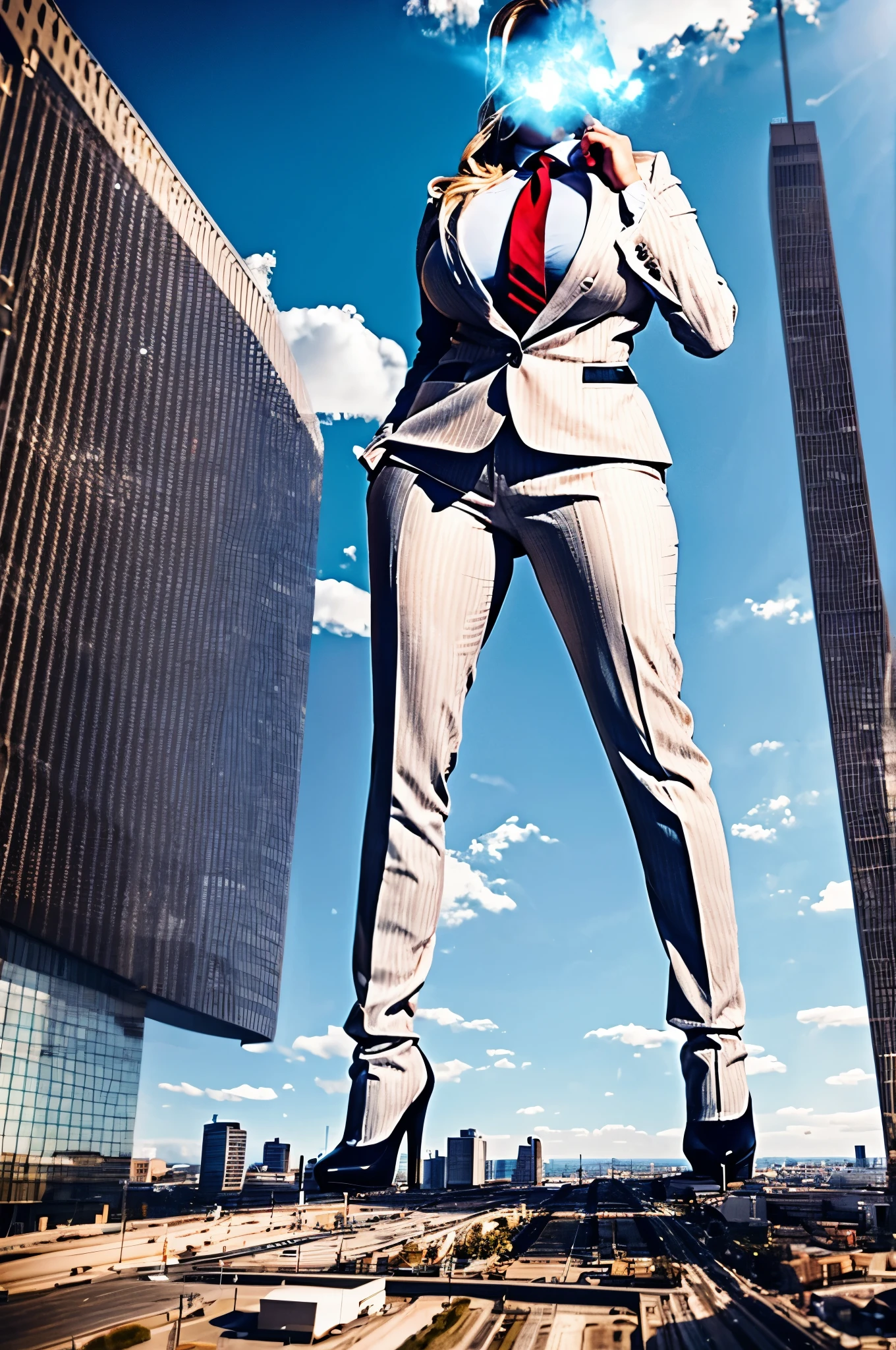 sophisticated and stylish giantess in a light grey pinstriped trouser suit, white shirt, and a large wide red necktie with a really large windsor knot, with a beautiful, curvaceous figure, natural breasts, and blonde long wavey hair, with a curvaceous figure and massive breasts. wearing rounded high heels boots with uncovered feet and standing, viewed from below looking up at a giantess much bigger than skyscrapers in a rampage-like pose looking down at tiny city, with a cityscape background of mega-city, urban sprawl, and small towns, bright winters day, cloudy atmosphere, snow, The image is a high-resolution, masterpiece-quality, cinematic, ultra-detailed, and hyper-photorealistic photograph, with perfect hands, face, and lighting. ultra-detailed, 8K, photo-realistic, hyper-realistic, masterpiece, intricate details, full body view. Looking at camera, The image is a high-resolution, masterpiece-quality, cinematic, ultra-detailed, and hyper-photorealistic photograph, with perfect hands, face, and lighting. ultra-detailed, 8K, photo-realistic, hyper-realistic, masterpiece, intricate details, full body, pov of camera from ground. 