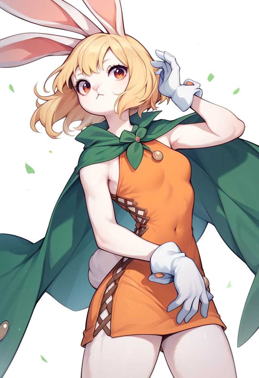 orange short dress, bare shoulders, green cape, white gloves, open clothes,,blonde hair, rabbit ears, rabbit girl, furry female,,