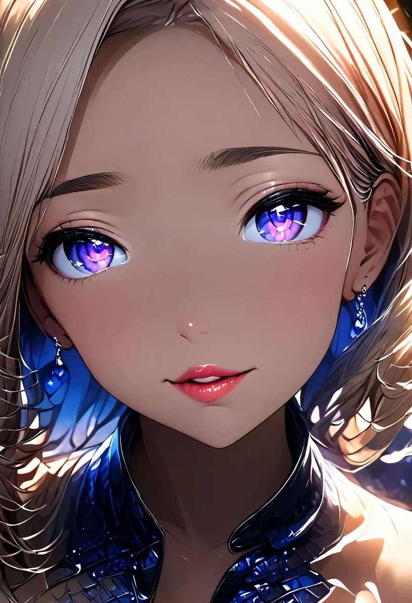 extremely detailed CG、 masterpiece、  best quality、 8k、  depicting the most beautiful face 、  depicting the most delicate lingerie 、 Depicting the most delicate eyes 、  depicting the most delicate hair 、 NSFW、 fair skin 、 parted bang 、 Droopy eyes、 thick lips、 under boob、 medium breasts、 midriff peek、 erection of nipple、 arched back、 A close-up of a young woman with short, wavy, silver hair that shines softly under warm, diffused light. Her expressive purple eyes gaze directly at the viewer, framed by long lashes, while a subtle blush adorns her cheeks, enhancing her gentle and vulnerable expression. She wears a lilac-colored jacket with a soft fur-lined collar, slightly unzipped to reveal a bikini underneath, matching the jacket in color. A delicate hair accessory with blue and green floral details adorns her hair, complemented by a single dangling earring with a small blue gemstone. The background consists of a softly blurred indoor setting, with large windows letting in golden bokeh lights, creating a cozy and intimate atmosphere. The composition emphasizes her beauty and tenderness while maintaining a balance of elegance and charm.