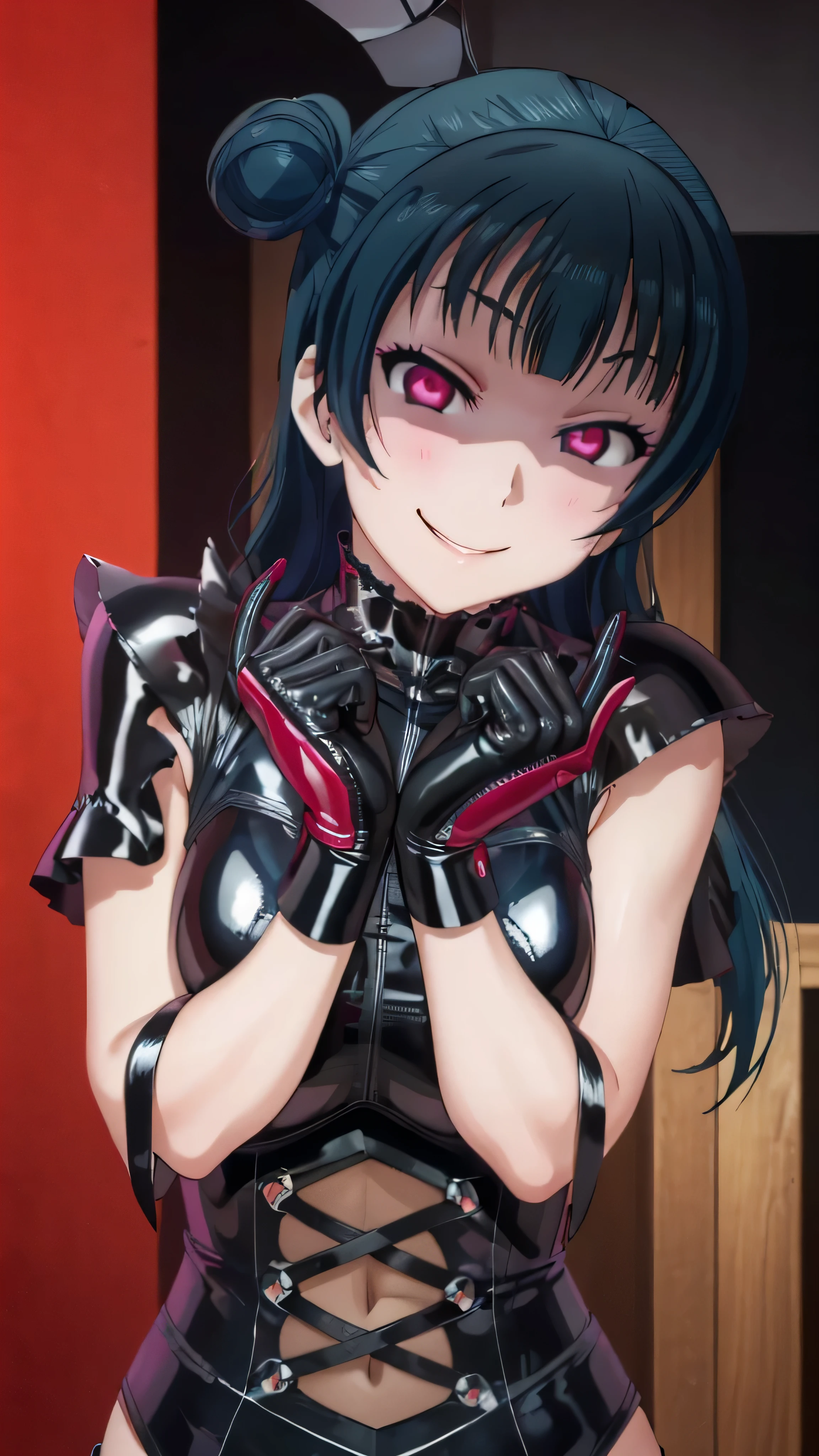 night、lovelive Black Background、Evil background、、Sensual dark light、A shiny black rubber suit that wraps around the body、tall、Upper Body、adult、、Alone、Navy blue hair twin tail drill Volumie、Upper Body、Evil female warrior、Fantasy、Condescending smile、Fallen into evil、Fall into Darkness, Yoshiko Tsushima,very evil smirk, (((black latex gloves)))、uneasy red background,beautiful hands,beautiful body,looking down at viewer,two hands,