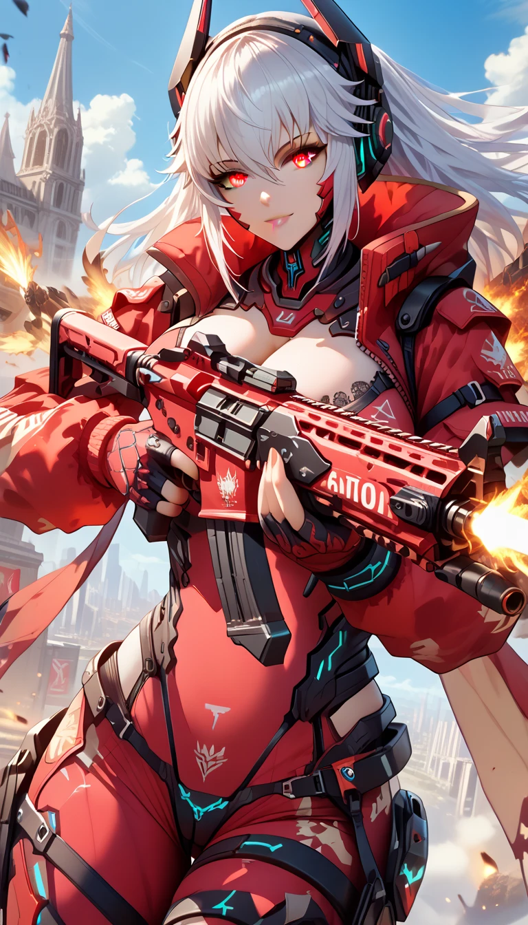 ultra-detailed, 1girl, solo, zentreya, zencyber, (masterpiece)), (best quality), (highres), 16K, yellow eyes, white hair, long hair, wearing tactical gear, black thong, busty body, large breasts and a beautiful ass, showcasing cleavage, legs, hips, holding weapon, holding assault rifle, looking at viewer, detailed face, smile, detailed hair, detailed body, city background