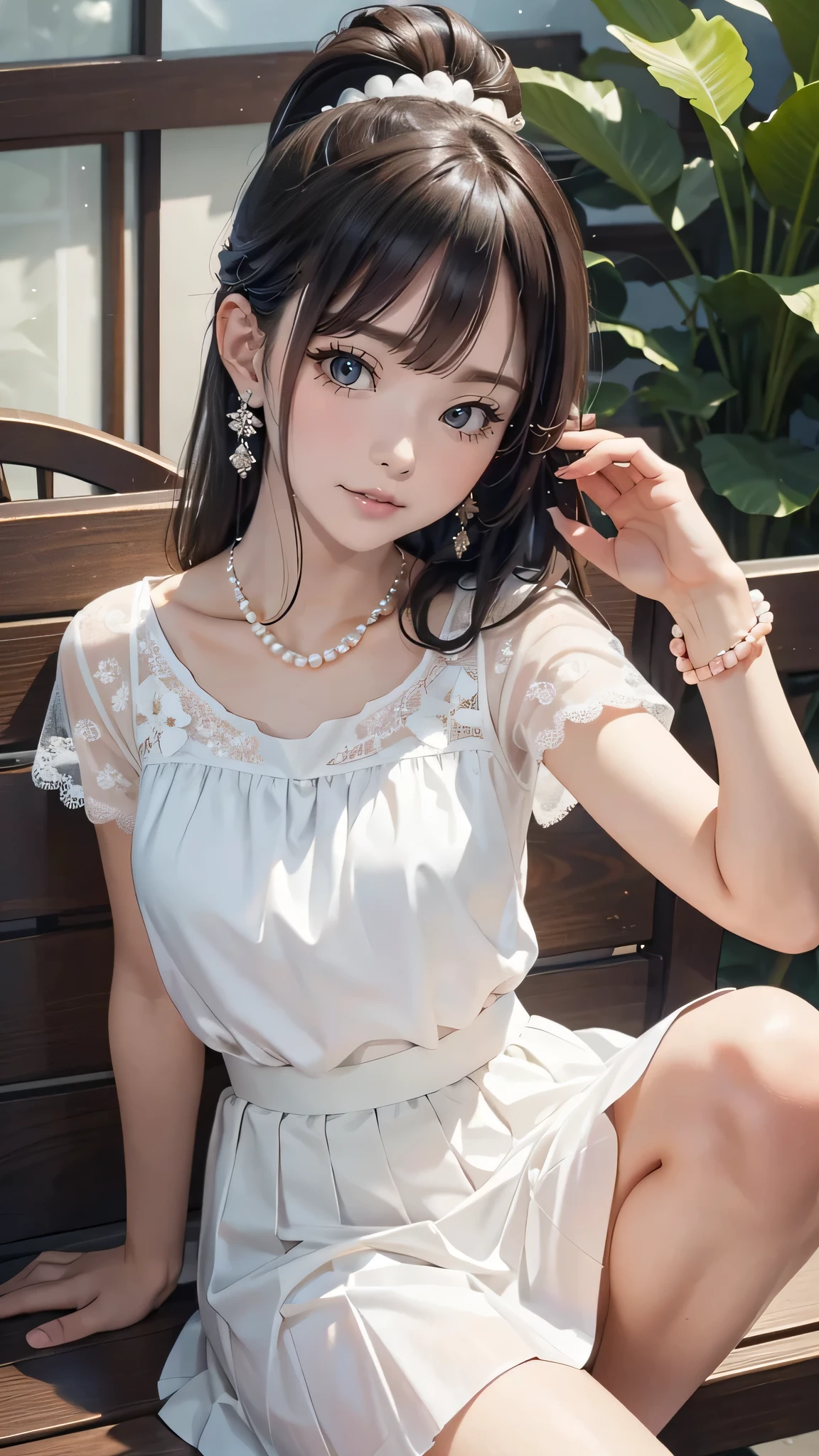 highest quality、High resolution、Detailed Background、Beautiful and dense face、Beautiful, smooth skin、Skin Texture、cuteteenage girl、Realistic、Perfect body line、ponytail、cute hairstyle、Calm atmosphere、 Happy expression、smile、Laughter、sexual expression、Upper Body、Tea time at the cafe、 Choose white or pastel colors for your lace tops and flared skirts....、Sandals or heels、 If your lace top is see-through, You can also wear it with a camisole underneath for an elegant look..。..、 Choose a lace blouse in a soft color、Add some feminine movement with a pleated skirt.、 Adding lace to the sleeves and collar of the blouse makes it even more cute.、 Choose a colorful lace camisole、Add elegance with a midi skirt、cute、Simple and elegant pearl earrings、delicate chain necklace、 An elegant and sophisticated watch、It's best to choose a design that suits your taste and style....、Leather Belt, Metal belt、 A simple bracelet that looks great on your wrist、Thin chain and simple design、Thin ring on fingertip、Pay attention to proper balance and layering、cute Japanese,