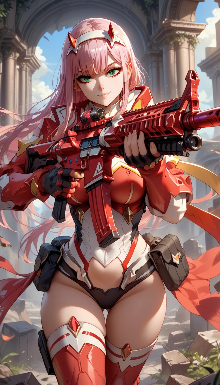 ultra-detailed, 1girl, solo, zero_two_\(darling_in_the_franxx\), (masterpiece)), (best quality), (highres), 16K, pink_hair, horns, white_hairband, green_eyes, bangs, peaked cap, wearing tactical clothes, wearing black panties, wearing thigh boots, busty body, large breasts and a beautiful ass, showcasing cleavage, legs, hips, holding assault rifle, looking at viewer, smile, detailed full body, thigh details, ruins background