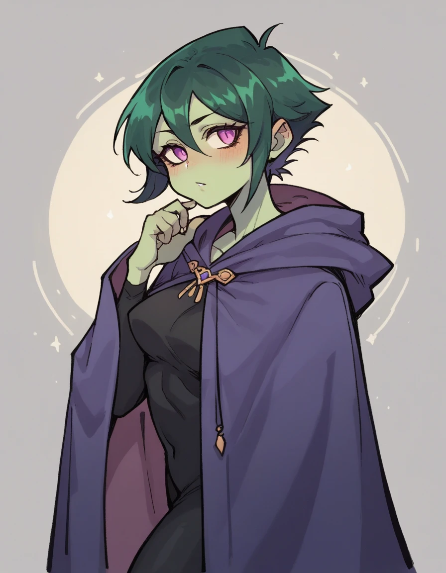 Cartoon style anime girl, green skin, short green hair, purple sexy outfit, purple hooded cloak, sexy, posing, perfect anatomy very detailed high resolution