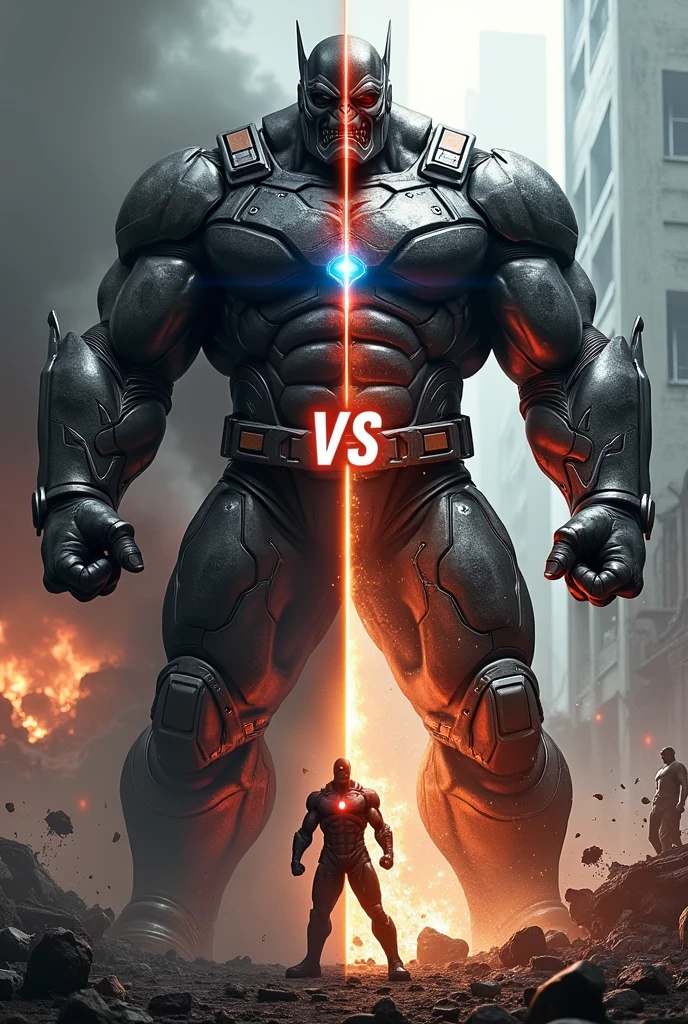 (obra-prima, qualidade soberba, Super delicado, alta resolução), Foco masculino, (((Novo Ultraman))), ((without muscles))), (Your head is tuned in the middle, Its body is made of red and silver, your arms are simplified, ele parece alto e magro, The overall shape is streamlined and modern), ((He placed his right hand near his head in a triangular shape, and his left hand clenched his fist in an elevated position above him))), posando para fotos, high angle, Noite escura, ruins of the city, detalhes de fundo, (((corpo inteiro))), (((Sense of grandeur)), ((Toguro))