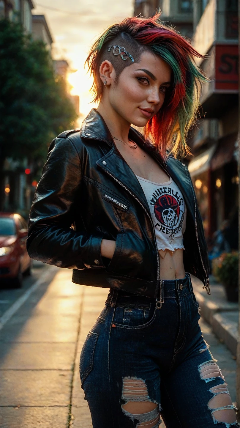 Feminine punk girl with blond hair combed to the right and dyed red hair ends, in a leather biker jacket, torn jeans with patches, a detailed face, brown eyes, a pretty nose with a small ring-piercing in the left nostril, the girl walks along the street of evening autumn St. Petersburg, in the background the setting sun,