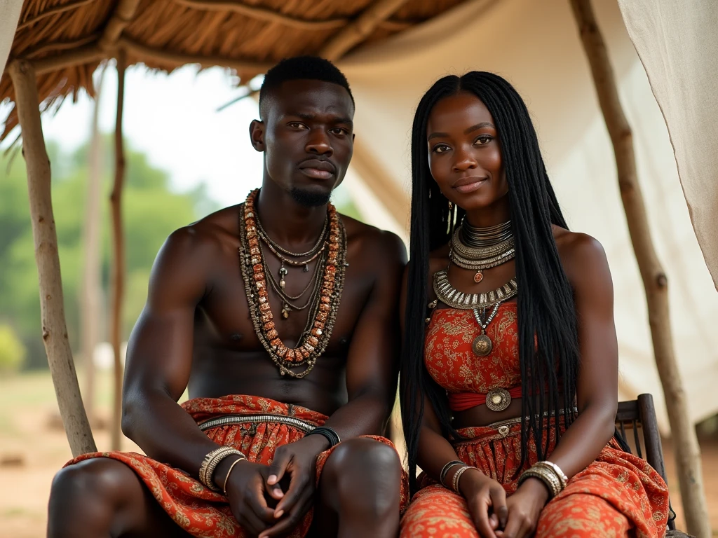 realistic picture, full body, detailed face, ancient Nigerian couple, woman goddess topless snobby-dominant hair straight back bones-Jewelry tribal cloth, male attractive 28 years angry tribal cloth short-hair leather-band, sitting on a simple wooden chair primitive pavilion with four sticks and a white linen cloth stretched over it, outdoor, low-angle_view