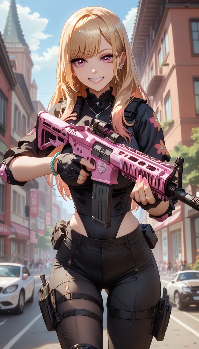 ultra-detailed, 1girl, kitagawa marin, sono bisque doll wa koi wo suru, ((masterpiece)), (best quality), (highres), 16K, perfect face, magenta eyes, multicolored hair, blonde hair, long hair, wearing tactical clothes, black thong, black thighhighs, knee pads, busty body, large breasts and a beautiful ass, showcasing cleavage, legs, hips, holding assault rifle, looking at viewer, smile, detailed hair, detailed full body, thigh details, city background