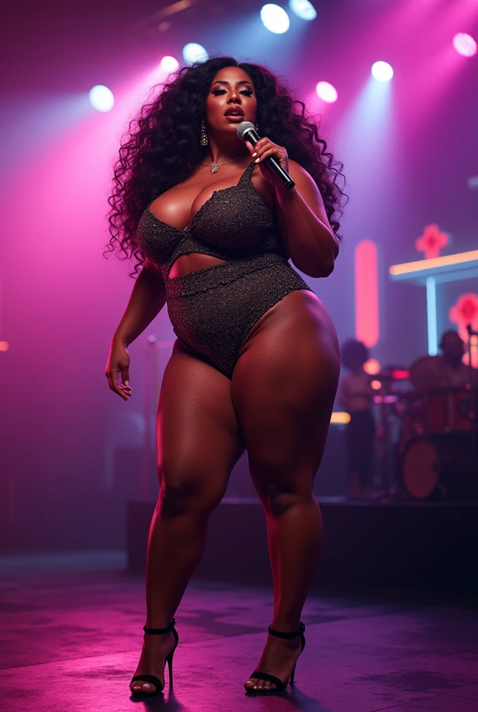 Busty 250 pound obese  black female rapper on stage.  She has (( unreal, oversize, large saggy tits showing massive gross cleavage:1.3)) and holding a microphone.