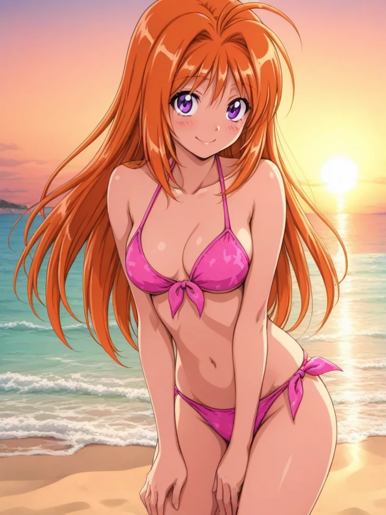 masterpiece, best quality, SaekiRuruna, 1girl, solo, long hair, orange hair, purple eyes, medium breasts, antenna hair, smile, blush, pink bikini, beach, sunset,