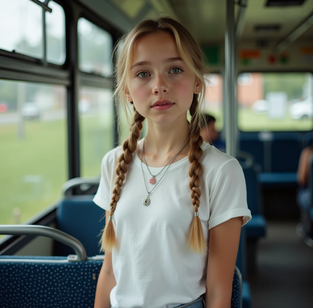A girl's face seen through a bus window, a middle school back to the girl and a stern expression, detailed portrait, beautifully detailed eyes, beautifully detailed lips, highly detailed eyes and face, long eyelashes, one girl, one boy, bus interior, window reflection, natural light, moody atmosphere, cinematic, dramatic lighting, muted colors, realistic, photorealistic, 8k, ultra detailed, masterpiece, cinematic composition, highly detailed, dramatic lighting, realistic rendering, exquisite details, surreal, striking visuals, emotional expression, powerful storytelling