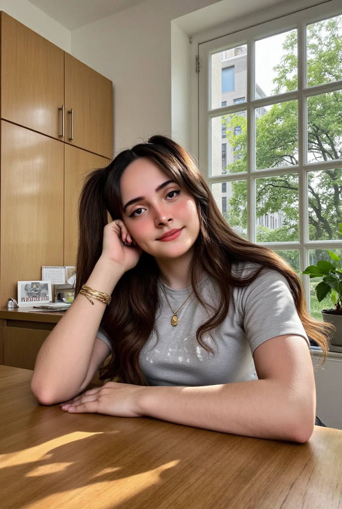 This photograph captures a young woman seated at a wooden table in a cozy, sunlit kitchen. The woman has a fair skin tone and a soft, youthful facial expression. Her hair is long and dark, styled in two high pigtails with loose strands framing her face. She wears a casual, light gray t-shirt with a faint graphic design and a thin gold bracelet on her left wrist. Her head is resting on her left hand, with her elbow propped on the table, which is polished and smooth.

The background reveals a well-lit kitchen with a classic, warm ambiance. The window behind her is divided into several panes, allowing sunlight to stream in, casting gentle shadows on the table and her face. Outside, green foliage suggests it is daytime and the season is likely spring or summer. To the right of the window, there is a small potted plant with lush green leaves, adding a touch of nature to the scene. The kitchen cabinets are light wood, contributing to the overall rustic feel of the space. On the left, a wall-mounted calendar and a couple of decorative items are visible, enhancing the homey atmosphere. The image exudes a tranquil, intimate moment, capturing a serene and relaxed setting.