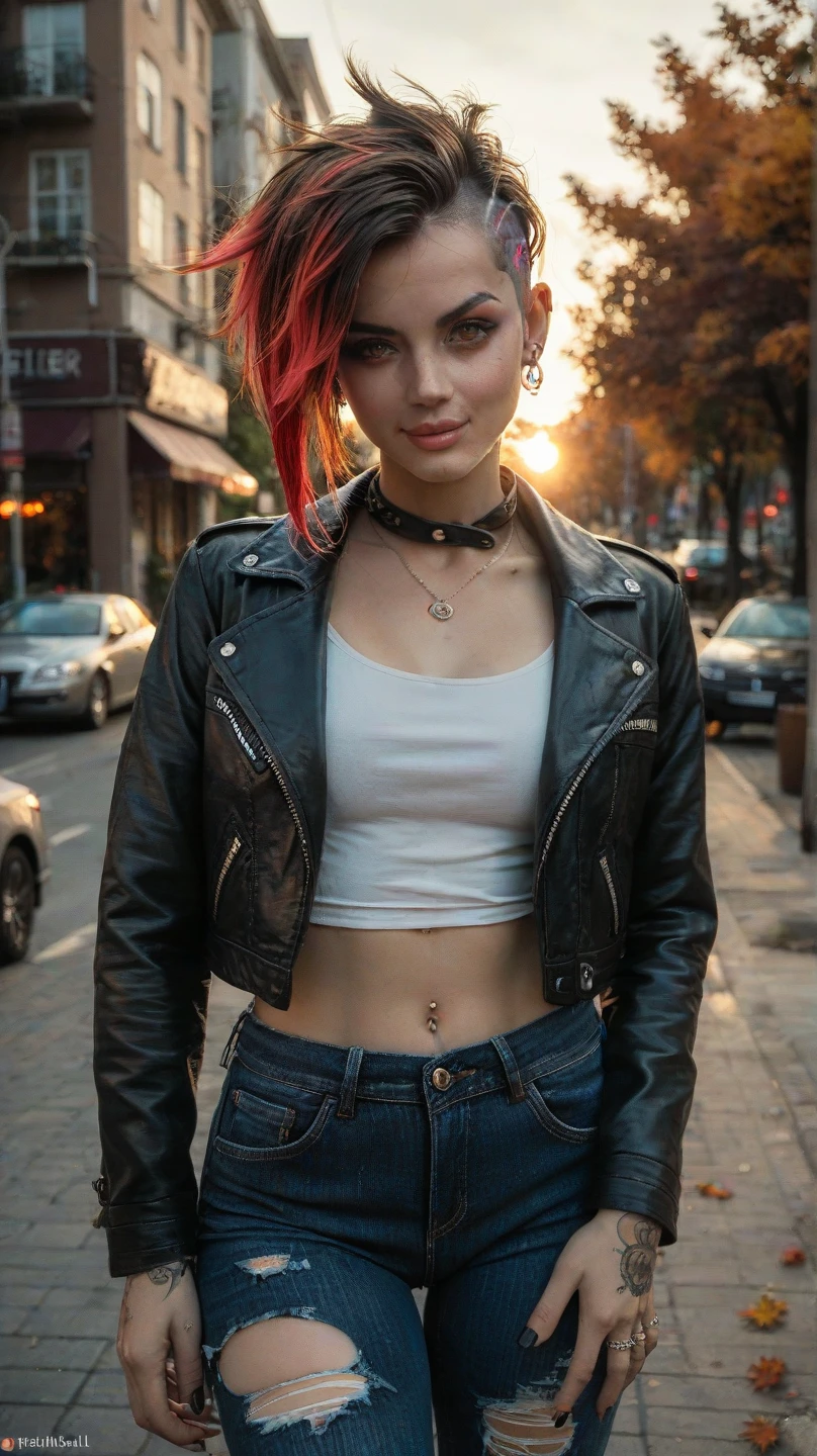 Feminine punk girl with blond hair combed to the right and dyed red hair ends, in a leather biker jacket, torn jeans with patches, a detailed face, brown eyes, a pretty nose with a small ring-piercing in the left nostril, the girl walks along the street of evening autumn St. Petersburg, in the background the setting sun,