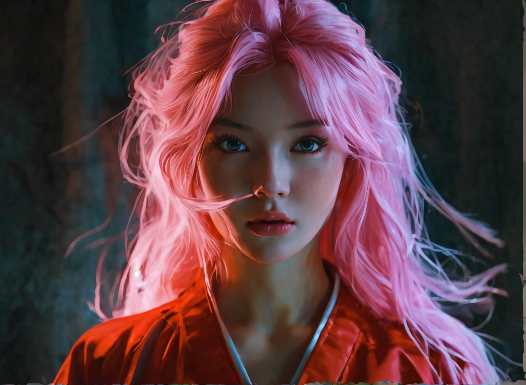 a woman with long pastel PINK hair, dark eyes, wearing red ninja clothes, detailed face, elegant pose, highly detailed, intricate details, beautiful portrait, dramatic lighting, cinematic composition, vibrant colors, digital painting, concept art style, photorealistic, 8k, masterpiece