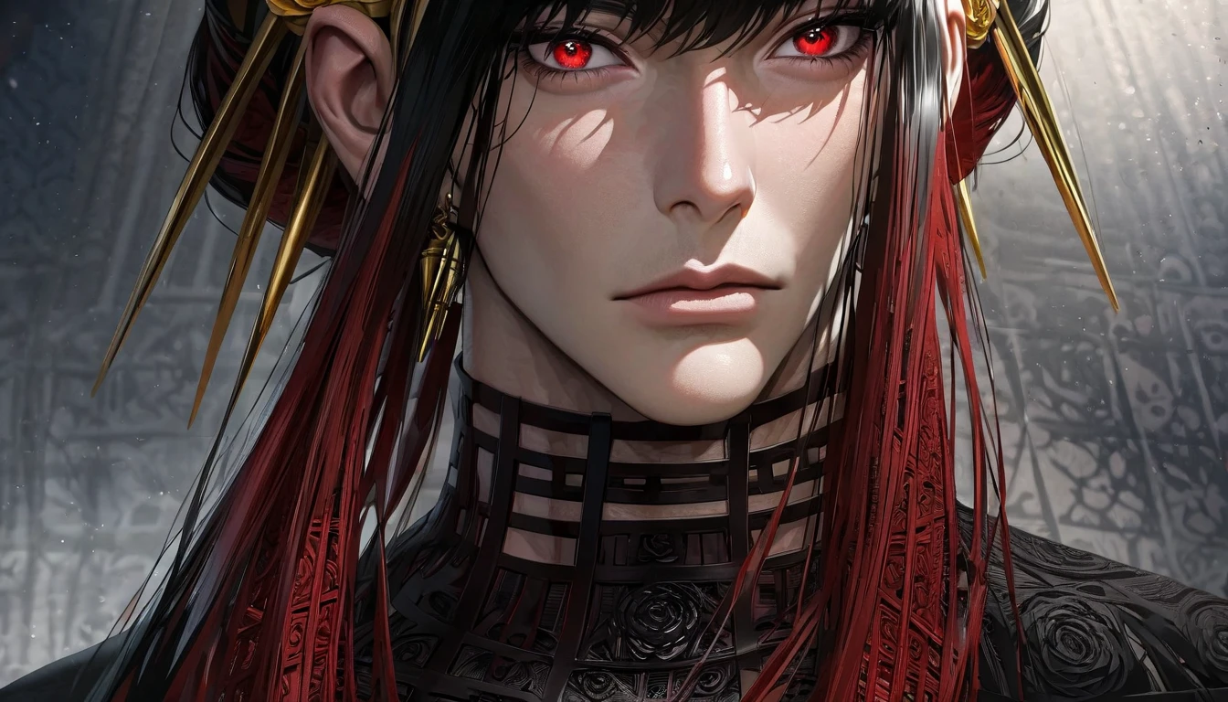 absurdres, highres, ultra detailed, HDR, master piece, best quality, extremely detailed face and eyes, perfect face, realistic face, beautiful eyes, Yor Briar, Black hair, expressive red eyes, Spy Family black jacket, black shirt, patterns, solo, man, handsome, {RED HAIR} GENDER BENDER