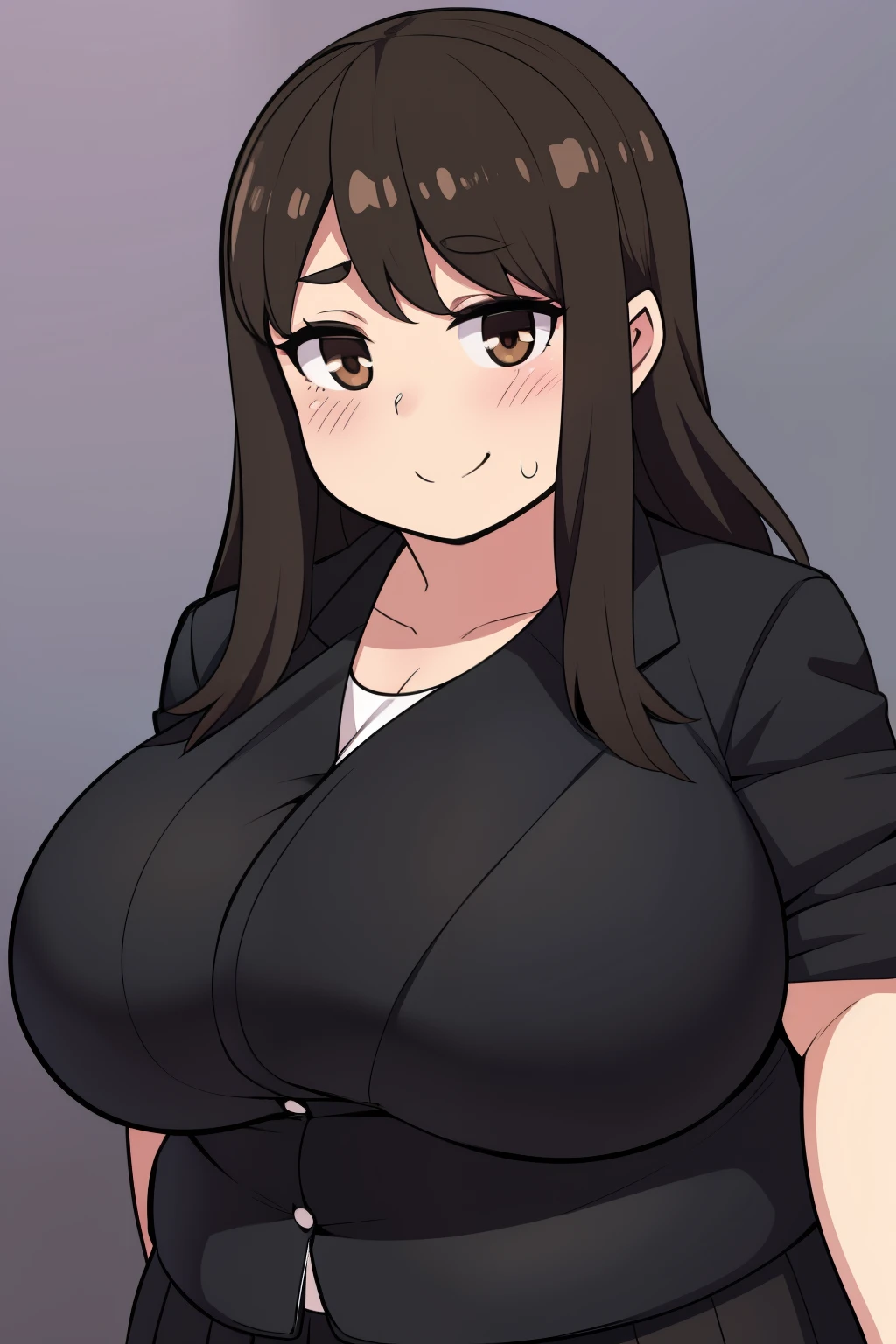 Chubby girl with big breasts brown eyes long messy black hair blushing smiling derdere black jacket black cap and skirt