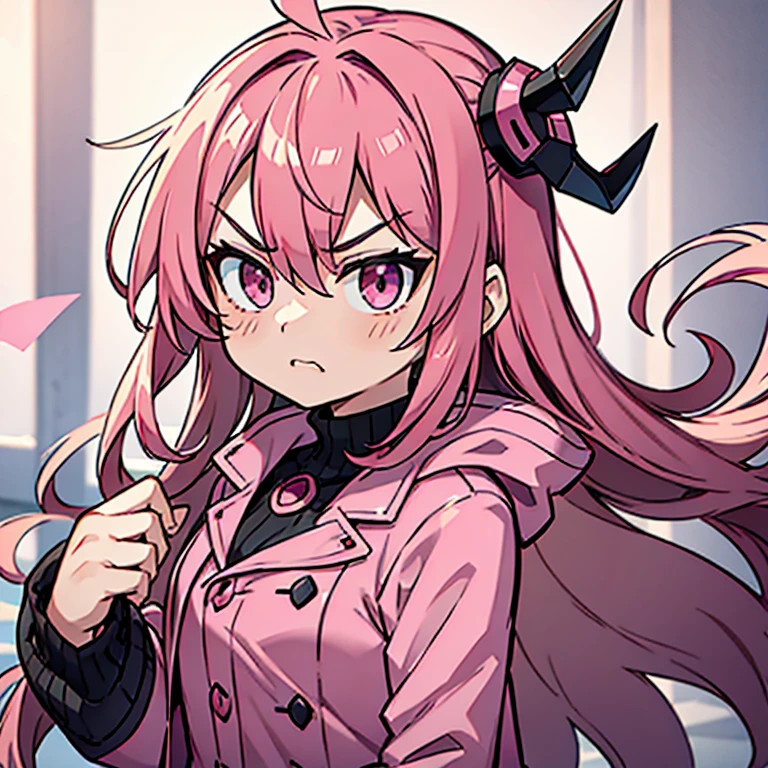 1girl pink hair long hair pink eyes coat angry