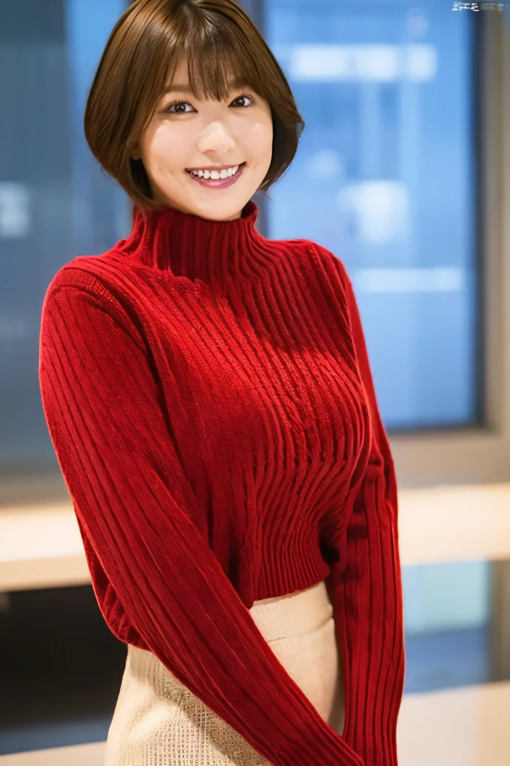  brown hair、 Shorthair、With bangs、smile、 huge breasts、 sexy body 、red turtleneck knitted sweater 、 white miniskirt 、 standing in the morning news studio、Now Broadcasting