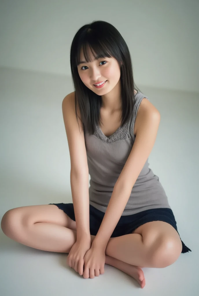 Only one cute smiling woman is wearing a camisole and posing cross-legged、The background is a monotone 、
