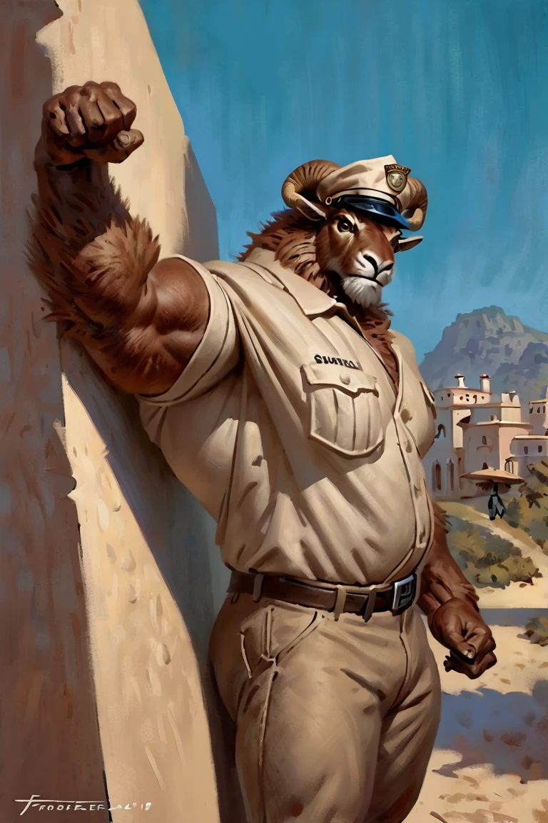 by taran fiddler, painting style, male ram, comic book style, illustration, solo, threatening pose, one hand leaning on the wall, looming over the viewer, frown expression, big muscles, huge body, bara, strong body, big strong legs, big body, bulky muscles, tall, dark cream police uniform, loose dark cream police pants, loose dark cream police dress shirt, dark cream police peaked cap, secret agent sunglasses, pecs, (matted body), monocolor body, brown body, short brown fur, matte body, detailed hands, detailed eyes, ram horns, cream color horns, yellow sclera, black eyes, detailed torso, sunny coastal lane in spain background, masterpiece, best art