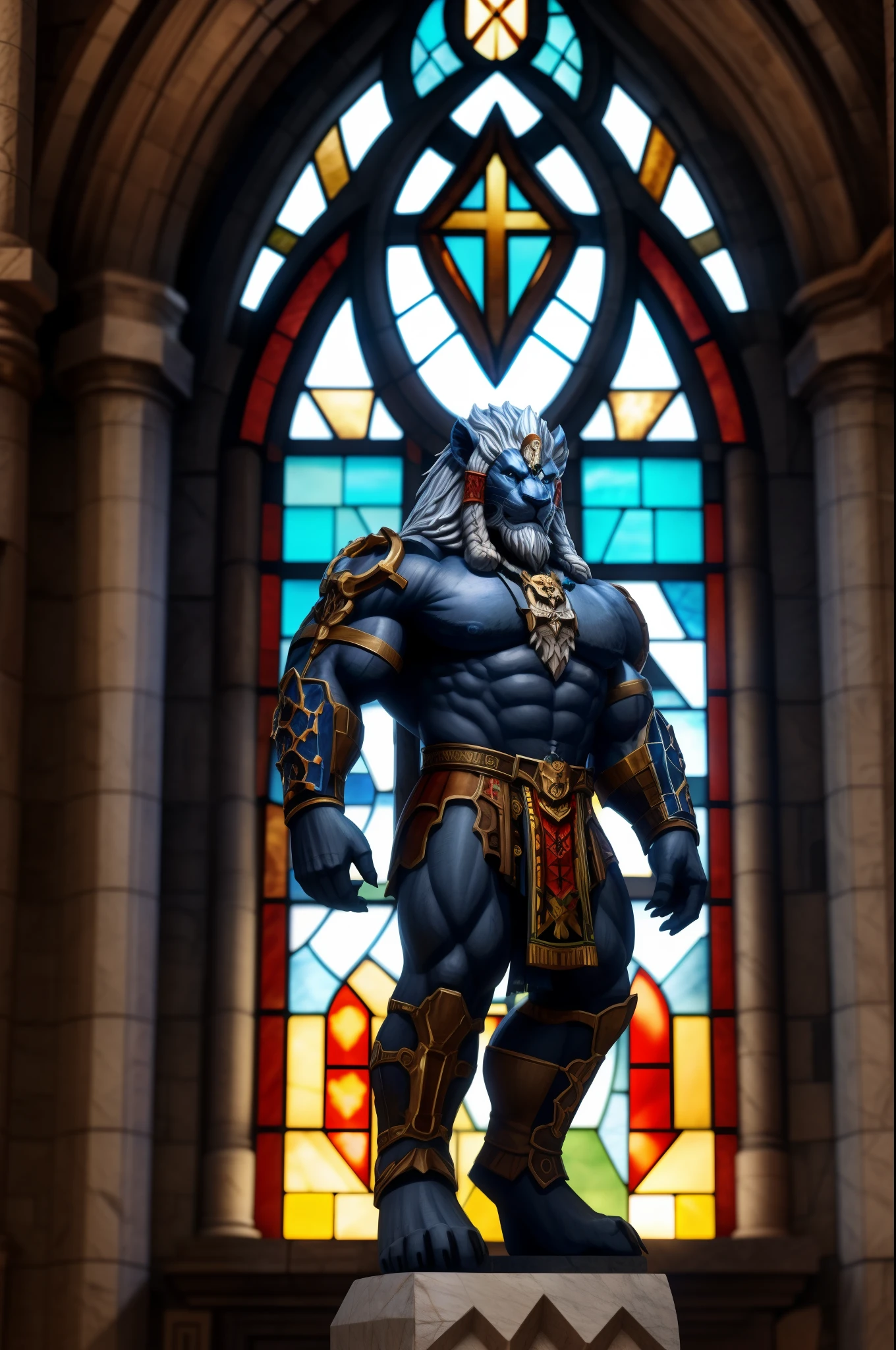 Statue of a strong lion antropomórfic, preto e branco realista, stone statue, Estoicismo, poses estoicas, Roman church, statue of the god Kihmari carved in stone, , atitude estoica, Pose estoica, Kimahri, bara, muscles, stone kimahri , stained glass window background 