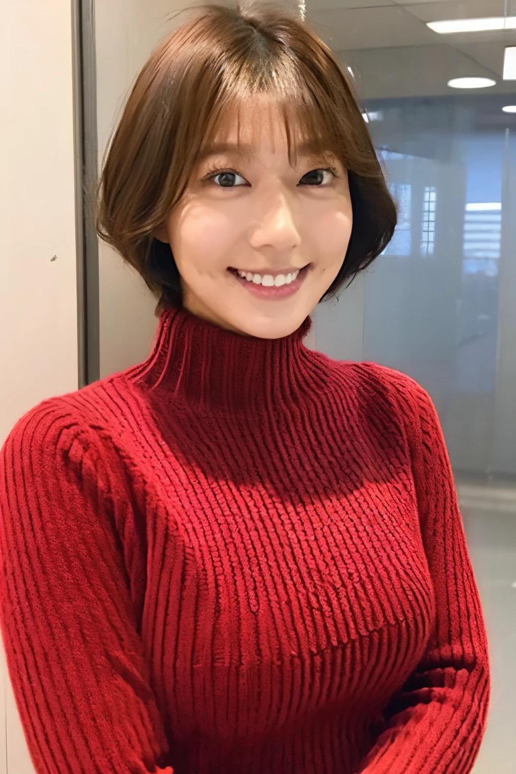  brown hair、 Shorthair、With bangs、smile、 huge breasts、 sexy body 、red turtleneck knitted sweater 、 white miniskirt 、 standing in the morning news studio、Now Broadcasting