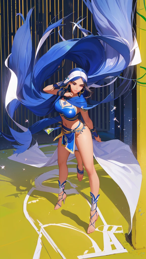 (masterpiece:1.2), (best quality), (ultra detailed), (8k, 4k, intricate), (full-body-shot:1), (highly detailed:1.2), (detailed face:1.2), (detailed background), detailed landscape, ((portrait)), (dynamic pose:1.2) nessa, black hair, blue hair, long hair, multicolored hair, blue eyes, dark skin, single hair bun, 1girl, ((solo)), breasts, looking at viewer, smile, open mouth, medium breasts, armlet, belly chain, (blue and orange bra), (blue and white panties), clothes with transparencies, single glove, hoop earrings, necklace, midriff, navel, sandals, nsfw, collarbone, cowboy shot, hand on hip, index finger raised, sidelocks, eyelashes,