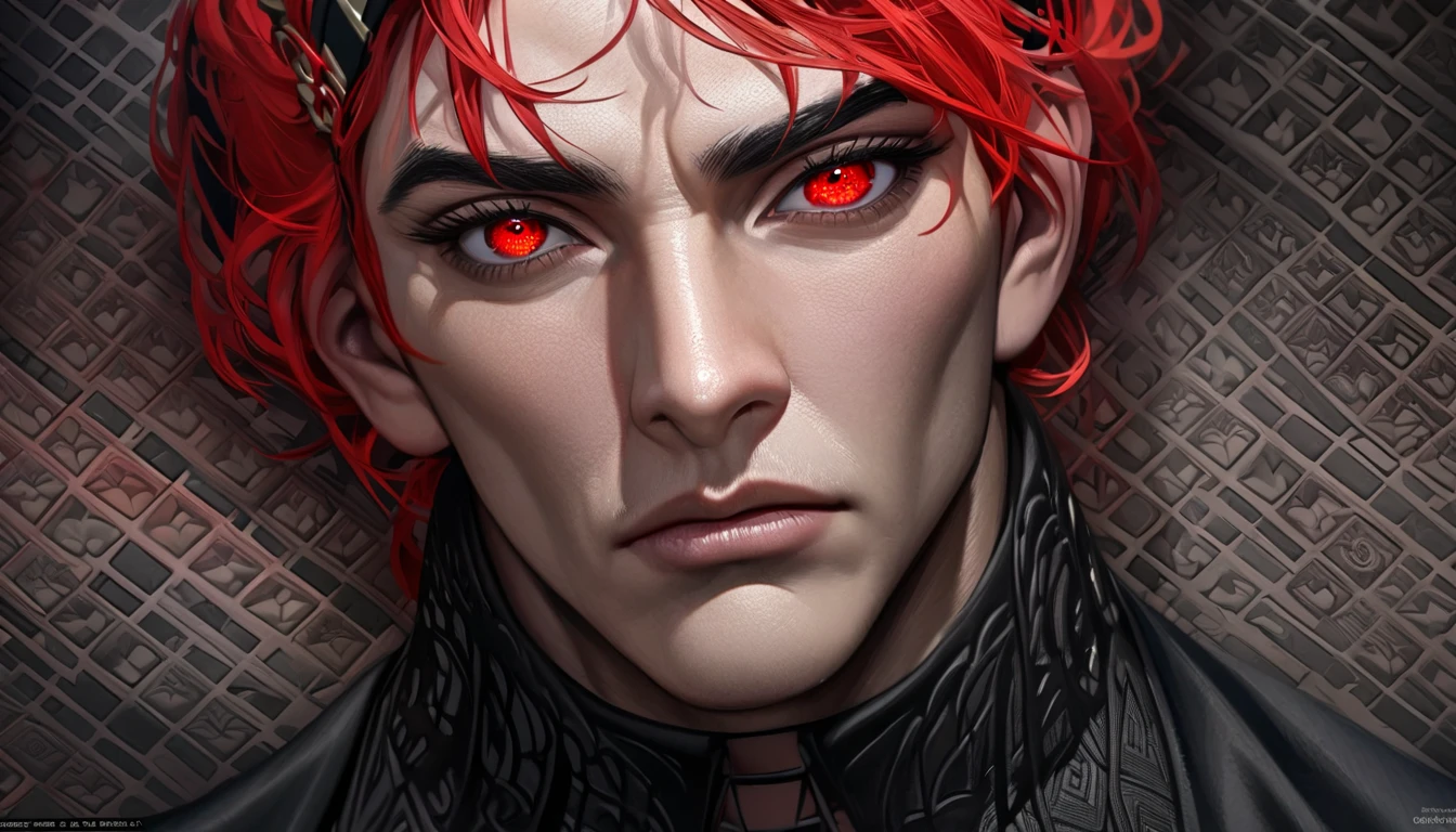 absurdres, highres, ultra detailed, HDR, master piece, best quality, extremely detailed face and eyes, perfect face, realistic face, beautiful eyes, Yor Briar, Black hair, expressive red eyes, Spy Family black jacket, black shirt, patterns, solo, man, handsome, {RED HAIR} GENDER BENDER