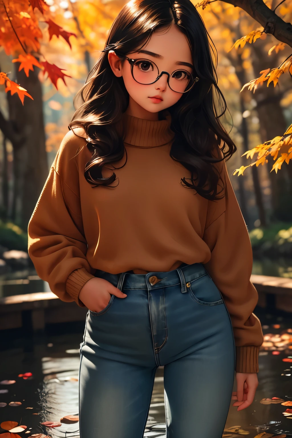  a very young girl ，((Glasses, Brown Eyes , black hair,sweater,jeans))， short，Baby Face， toddler figure ，chubby， ，Standing by an autumn pond， fall leaves for vaginal discharge，View Reebok,Red fish,Yuri,Arch and stone tiles, ultra detail ,  best quality,masterpiece, bright color ，8k wallpaper， with a playful gesture ，