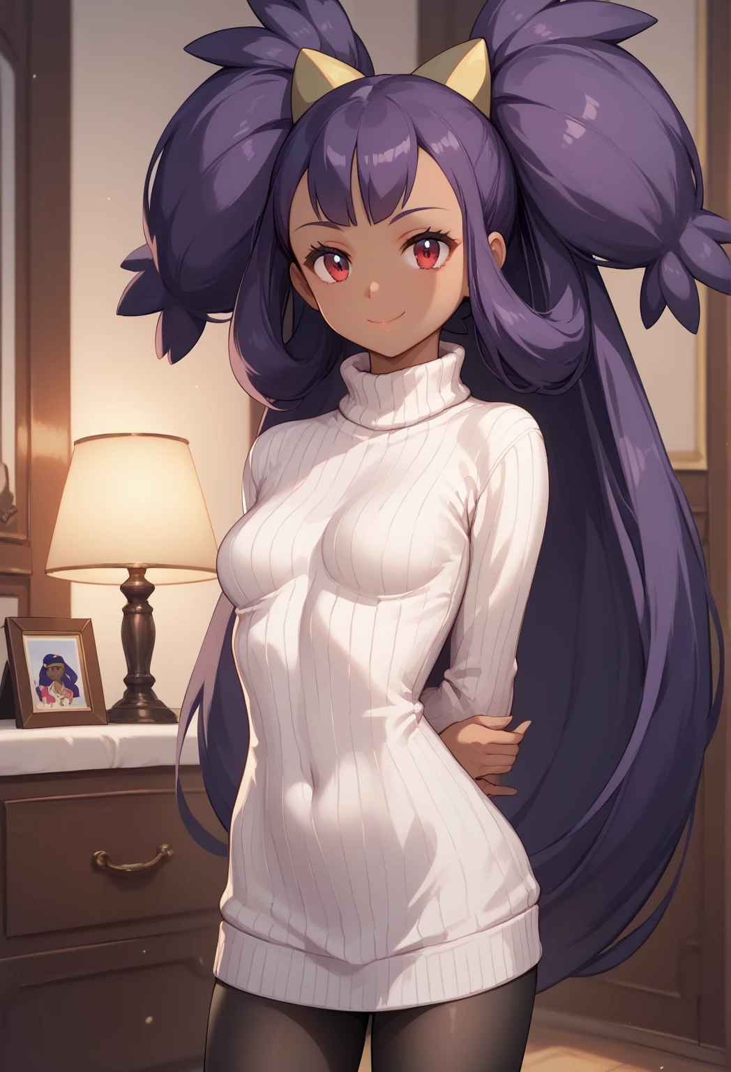 Best Quality, Masterpiece, ultra high resolution, iris \(pokemon\), purple hair, long hair, red eyes, dark skin, big hair,small breasts,  BREAK ,  light smile, closed mouth, looking at you, standing, arms behind back, short hair, black hair, blunt bangs, blue eyes, white sweater, sweater dress, ribbed sweater, turtleneck, black pantyhose, medium breasts, indoors, bedroom

