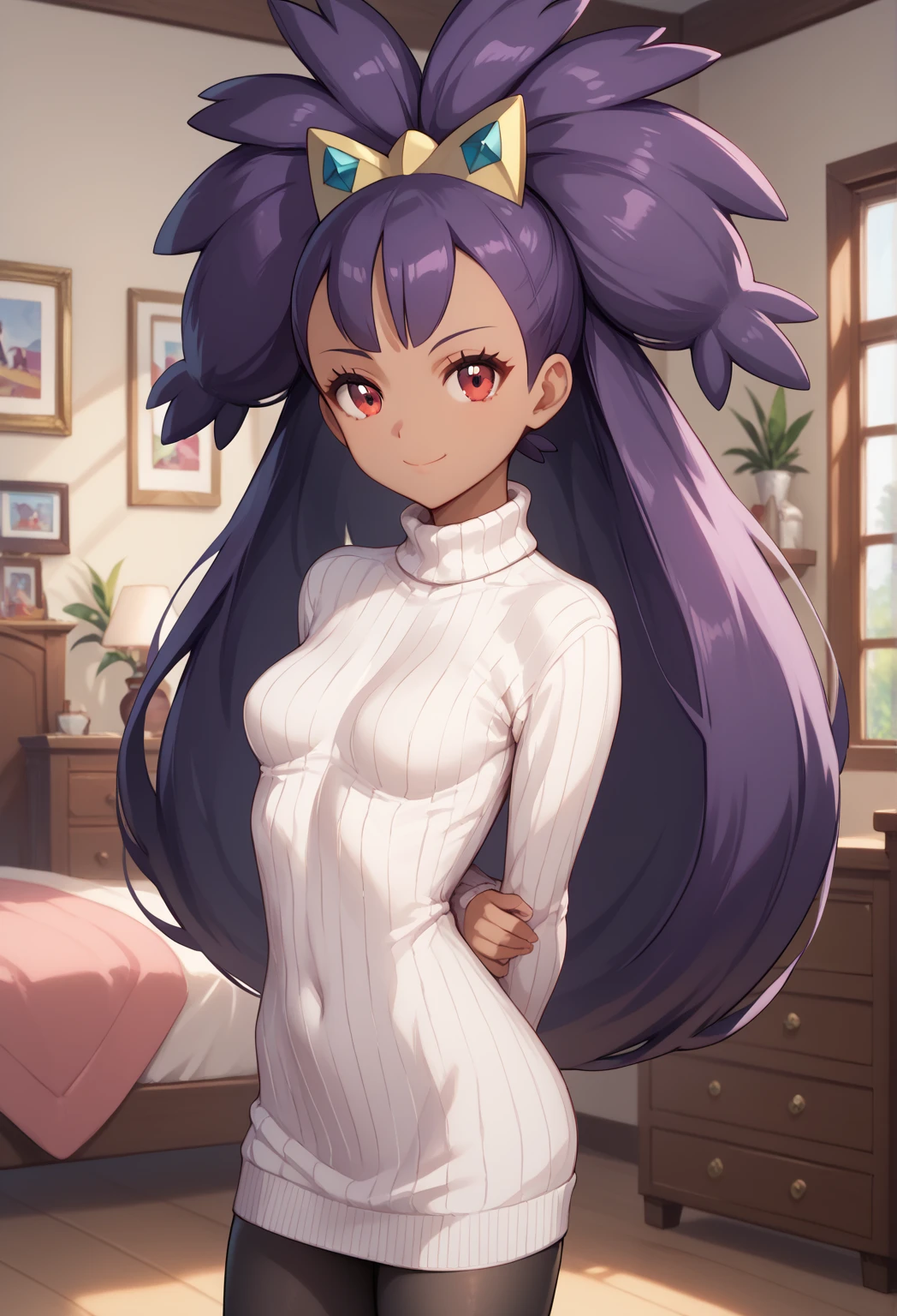 Best Quality, Masterpiece, ultra high resolution, iris \(pokemon\), purple hair, long hair, red eyes, dark skin, big hair,small breasts,  BREAK ,  light smile, closed mouth, looking at you, standing, arms behind back, short hair, black hair, blunt bangs, blue eyes, white sweater, sweater dress, ribbed sweater, turtleneck, black pantyhose, medium breasts, indoors, bedroom

