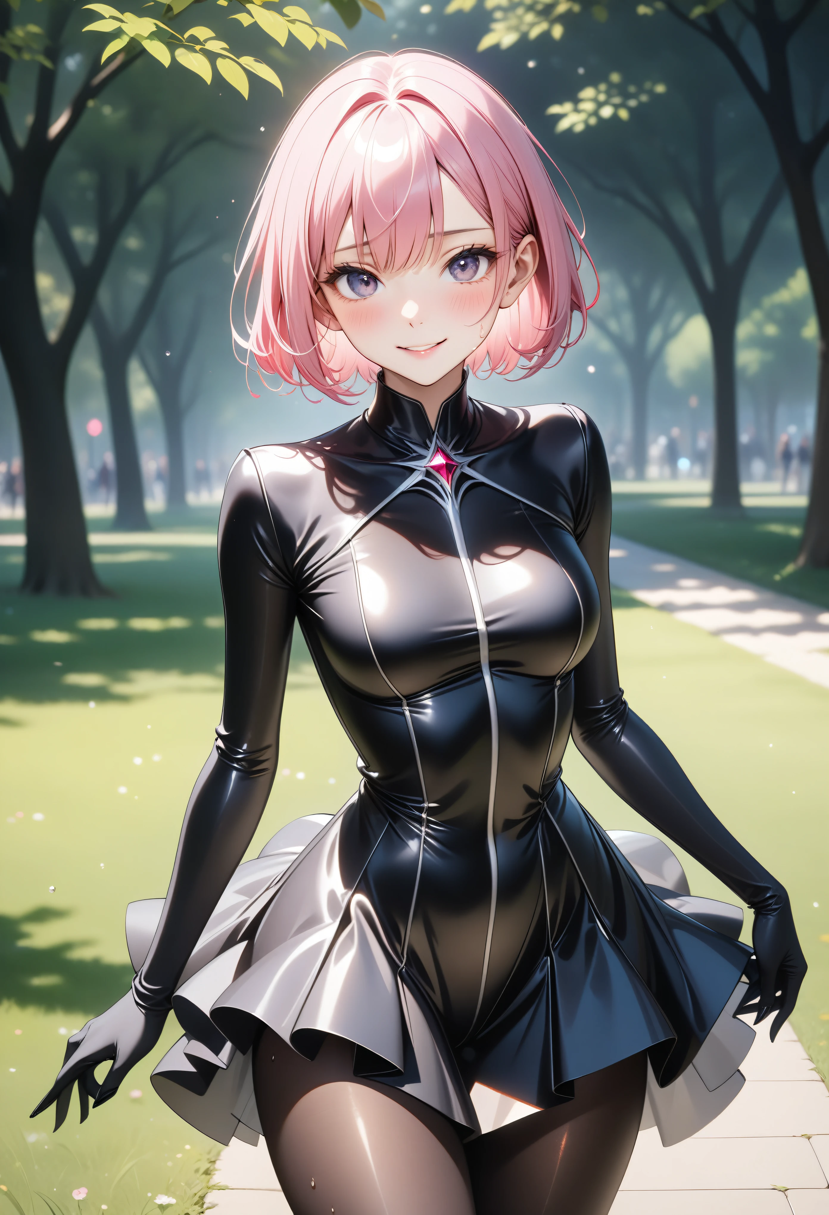 ((Sexy high waist skirt dress)), luster Outfit, (Black pantyhose), skinny, solo, 1 woman, Masterpiece, highest quality, highest quality, 16K, incredibly absurd, highly detailed, 2.5D, ai-generated, delicate and dynamic, very delicate facial expressions, delicate eye depiction, erotic, only sexy woman, ((A cute and kind face)), healthy figure, ((25-year-old woman)), 160cm tall, medium firm swaying bust, (short hair), (pink hair:1.5), bob cut, black eye, blush, Sweat,Embarrassed,sexy, ((thin thighs)), (camel toe:0.8), (Erect nipples:0.9), (visible nipples:0.5), ((shiny and lustrous)), facing straight at viewer, smile, (standing), cowboy shot, ((arm at side)), Large park, daytime, bright, on the grass,