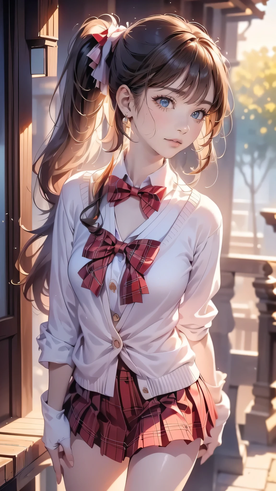 (masterpiece:1.2, top-quality), (realistic, photorealistic:1.4), beautiful illustration, NSFW,
looking at viewer, cowboy shot, front view:0.6,
1 girl, japanese, high school girl, light brown hair, (long hair:1.8), (side ponytail:1.7), bangs, hair between eye, blue eyes, large breasts:0.8, (thick thighs),
beautiful hair, beautiful face, beautiful detailed eyes, beautiful clavicle, beautiful body, beautiful chest, beautiful thigh, beautiful legs, beautiful fingers,
(beautiful scenery), dawn, lamppost, sidewalk,
((pleated mini skirt, socks, red private school uniform:1.2, light pink cardigan, red plaid pleated skirt, red plaid bow tie, red plaid hair ribbon)), pink panties,
(swollen), ((seductive posture: 1.2, attractiveness: 1.2)), (idle),
(erotic, sexy, upper eyes, smile), shiny skin,
perfect face, cute and symmetrical face, natural side lighting, movie lighting),
walking,