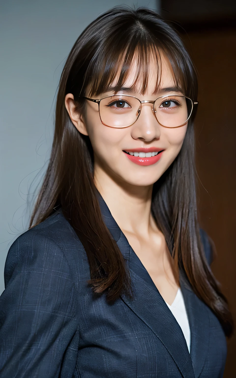 (私mmersive Photography, Full body images:1.4), ( career woman in career suit,  wearing glasses :1.6), (Women's single room , Asahi:1.2), ((24 years old, Beautiful female announcer, Bad lips,  long straight hair that extends to back , body facing forward:1.4)),  gaze focus, Teary-eyed, Narrow shoulders, Beautiful clavicle, Thin arms, Thin legs,  slim figure without arms, Soft belly,  thin waist,  Super Detailed Face , Ultra detailed breasts,  Super Detailed Skin , Ultra-detailed lips, White teeth, Beautiful actress makeup, Dark lipstick,  dark brown hair, Fluffy short bob, Let your bangs hang down,  looking at camera, Intellectual style, smile,  putting index finger on glasses ,