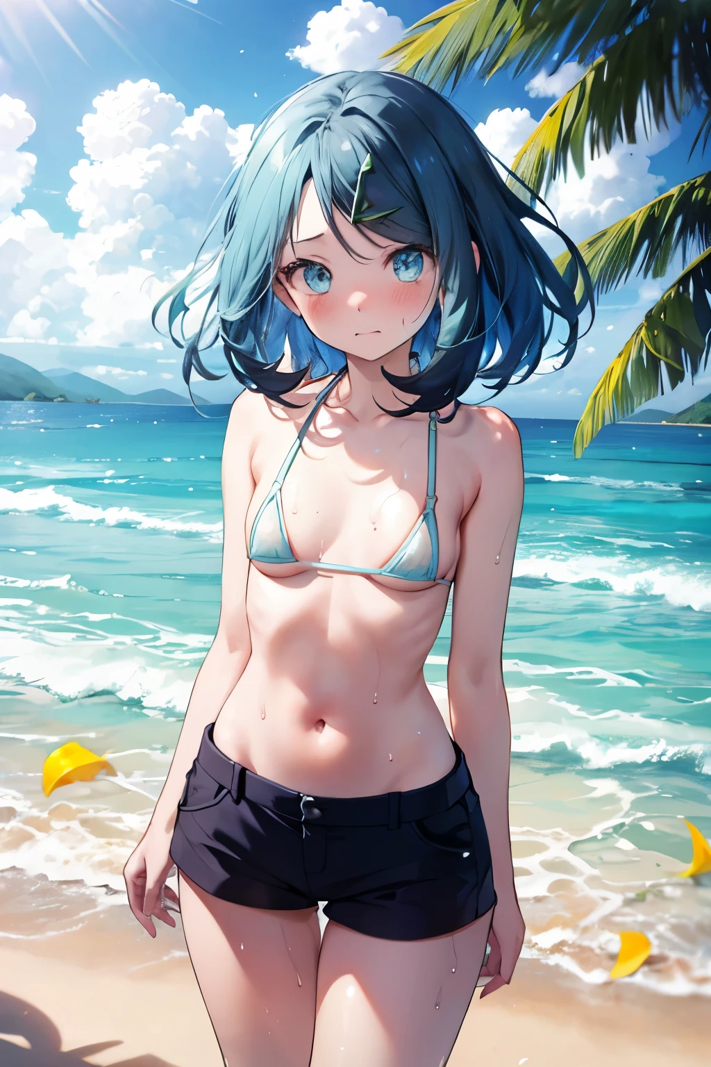 ((( Light Blue Micro Bikini Bra ))), Detailed depiction of nipples, cleavage , cute, (masterpiece, best quality, 8K ultra-high resolution :1.4), Pokemon Rico , (tropical, beachside, flower: 1.4), Written Boundary Depth, Film focus, From a dramatic angle, Emotional composition, Emotional engine full throttle BREAK Young and cute girl, Slender body, flat chested, Provocative, (( embarrassed face )), Expressions of affection, Extremely Detailed and Shiny Skin ,sweat, topless, exposed breasts, shorts, wet and shiny thighs , 完璧なPokemon Rico トップブレイク
, wind, detailed in the wind, petals dancing in the wind
BREAK
ultra detailed crystal eyes, Sparkling jewel-like eyes