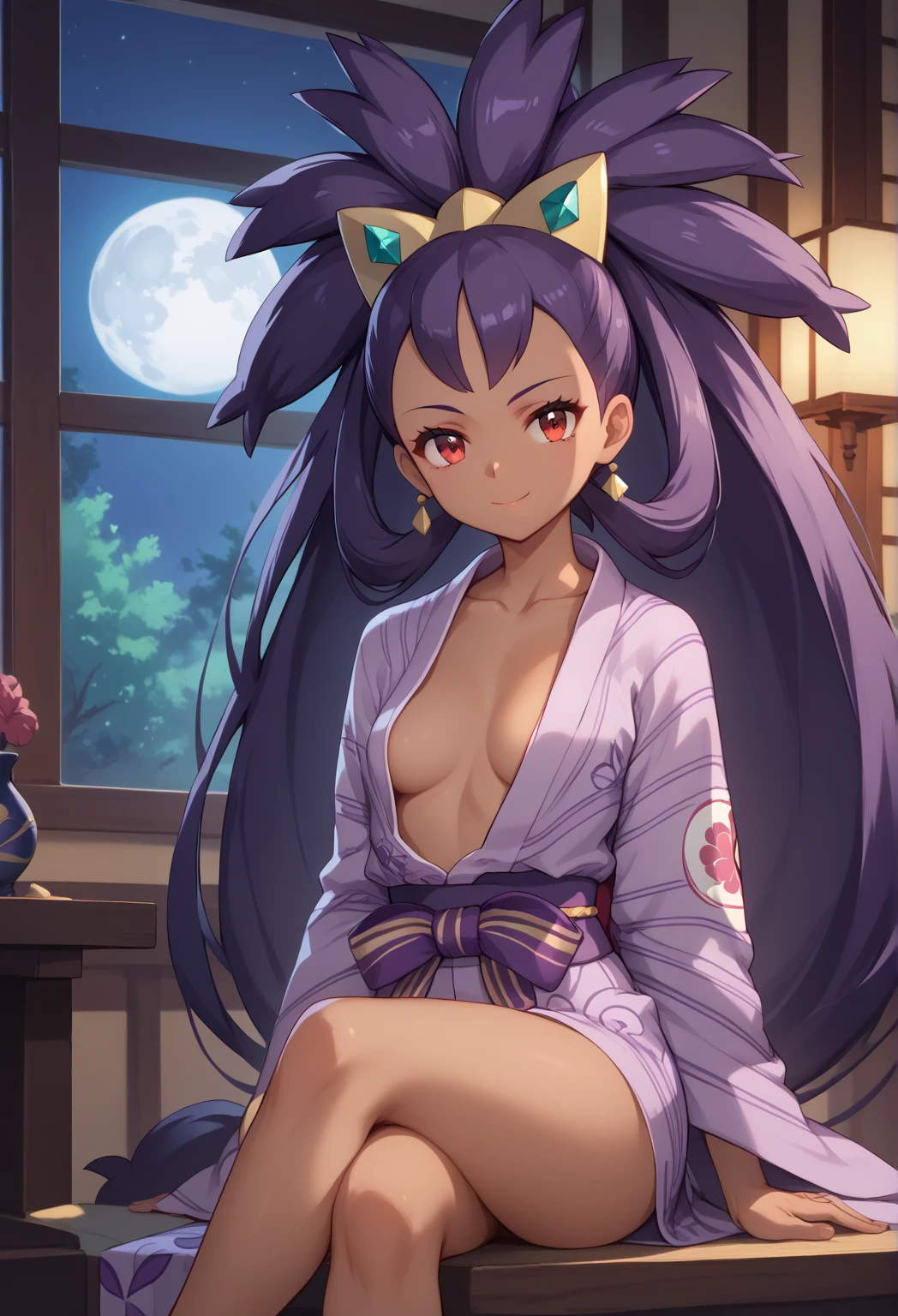 Best Quality, Masterpiece, ultra high resolution, iris \(pokemon\), purple hair, long hair, red eyes, dark skin, big hair,small breasts,  BREAK , girl, solo, closed mouth, light smile,  yukata, purple kimono, open kimono, breast, sitting, crossed legs, looking at viewer, indoors, window, night, moon

