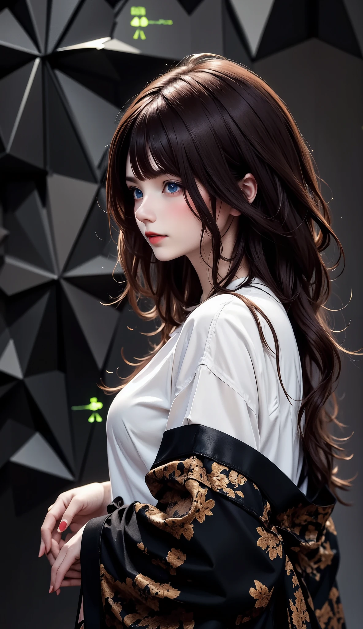  geometric pattern background :1.3、 dark color、 cute girl hair、 facing sideways 、white baggy Ｔ shirt、プリント shirt、 loose clothing 、Retro、top-quality、Ultra-detailed、High quality details、green