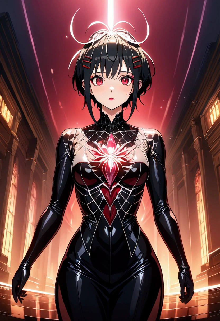 black hair, hairclip crystal Spiderlily on head, red eyes, makeup, high detail, anime, Gothic art, cinematic lighting, glowing light, reflection light, Cowboy Shot, fisheye, UHD, masterpiece, accurate, anatomically correct, textured skin, super detail, high details, high quality, award winning, best quality, highres, 4K, 8k, 16k