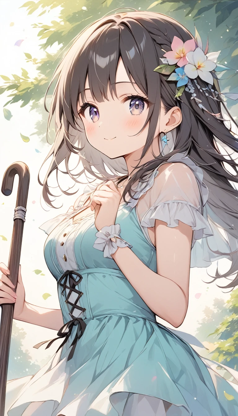    bright lines and soft colors create a dreamy effect., A fleeting impression.., one woman、 Old Tree House     、Girl with an old wooden cane    、 holding an old wooden cane 、cute、   Fantasy  、   Fantasy   皮の鎧、Villager、  sexy、((poor))、 Cute clothes 、With effect 、Treat Ko-chan in a slightly provocative manner with an elegant gesture 、