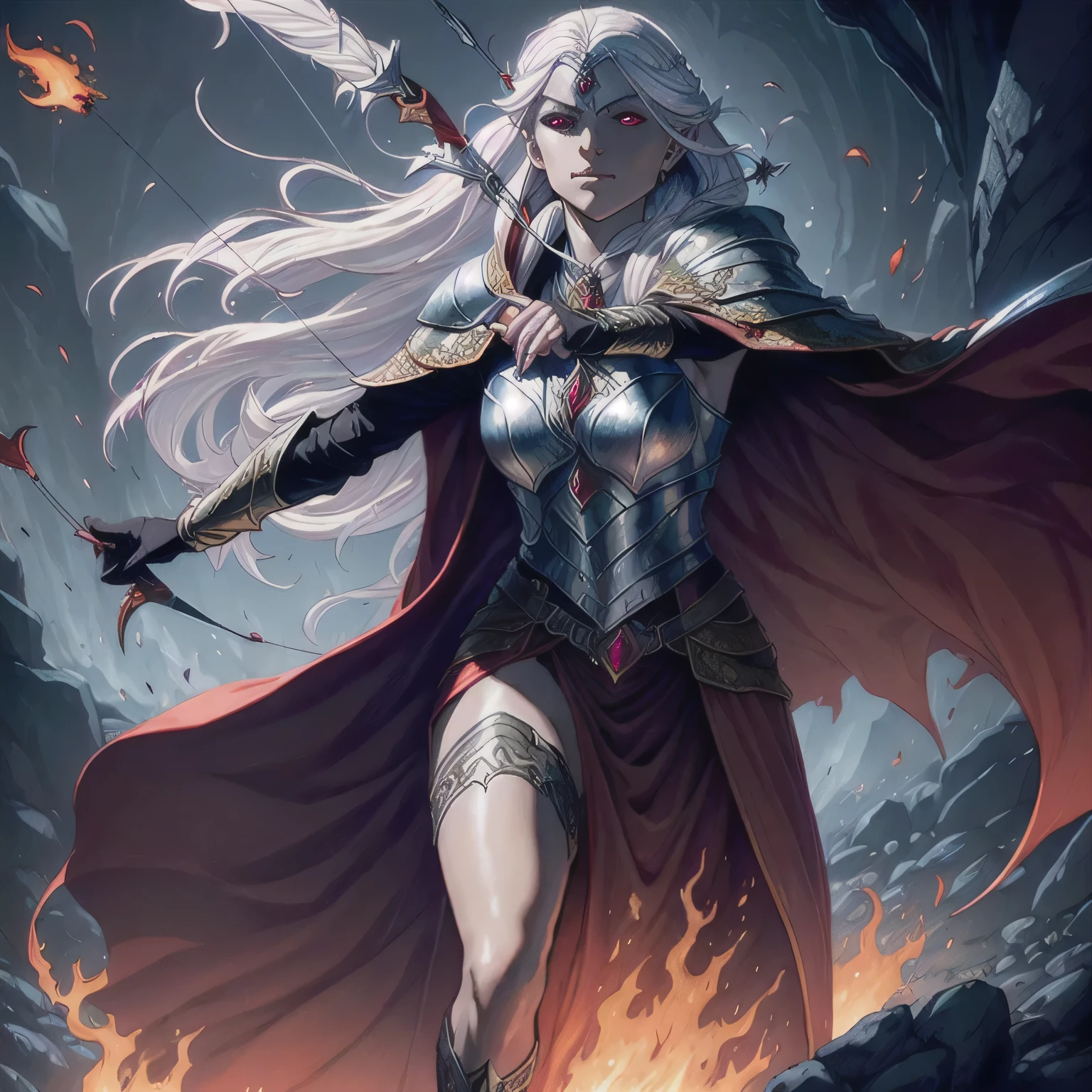 `(1 female, young adult, dark elf), silver, shoulder-length hair, ruby eyes, adorned in a cloak of shadows, (((archer)))+++  escaping from a fire-breathing salamander in a magma-lit underground chasm, realistic, fantasy setting, high resolution, detailed, color `