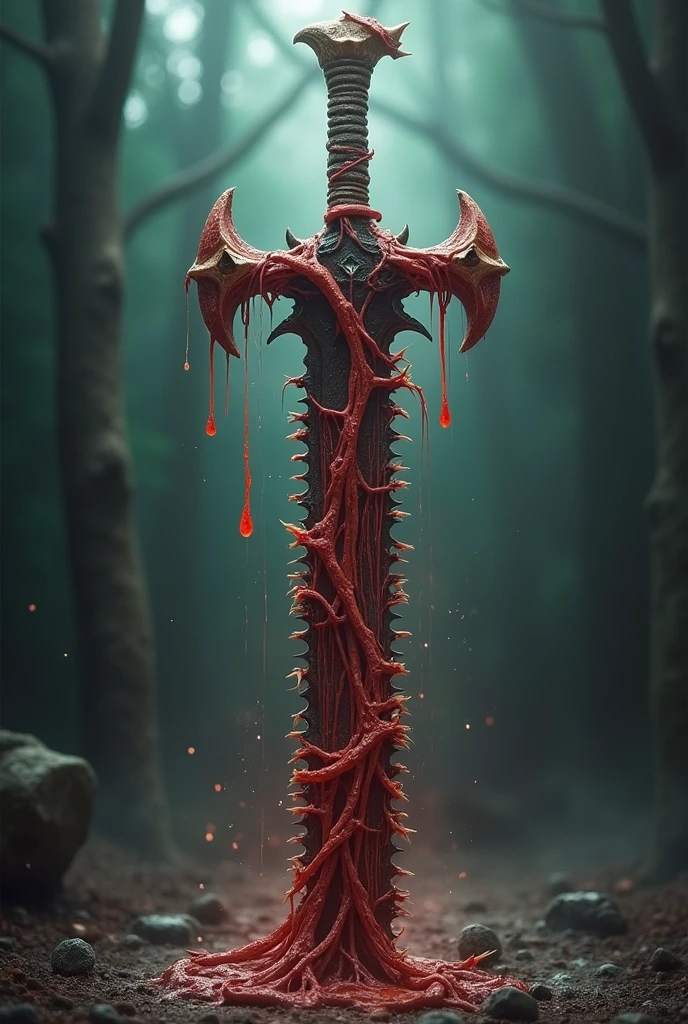 The weapon has an intricate design, with a texture that appears to pulse, as if the sniper was alive. The barrel is long and sharp, composed of layers of solidified blood that glow a deep scarlet hue. The stock and trigger guard are contoured to perfectly mold to Azrakor's body., allowing an almost organic connection between him and the weapon.