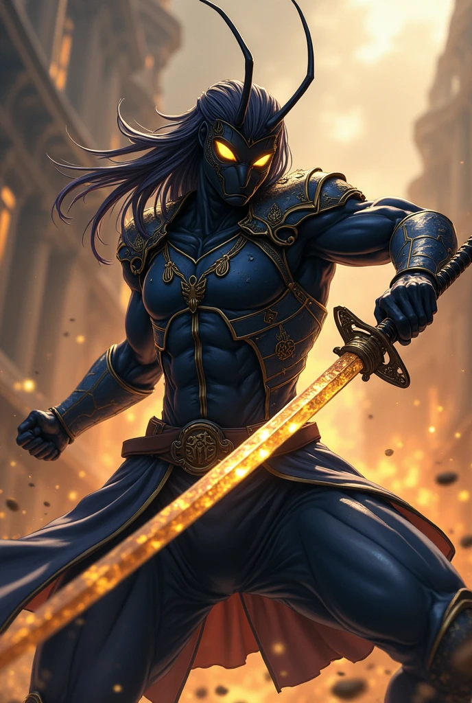 Athletic male anthro ant, ant antenna, ant mandible, black skin, wearing navy blue fantasy armor, with gold leaf pattern on armor, wielding a fantasy golden crystal katana, on a climactic battle scene, detail, dark anime-style,