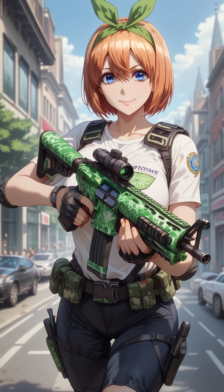 ultra-detailed, 1girl, mature female, yotsuba nakano, ((masterpiece)), (best quality), (highres), 16K, perfect face, bangs, short hair, blue eyes, hair between eyes, hair ribbon, hairband, orange hair, green ribbon, wearing tactical clothes, tactical belt, black thong, knee pads, busty body, large breasts and a beautiful ass, showcasing cleavage, legs, hips, holding assault rifle, looking at viewer, smile, detailed full body, streets background