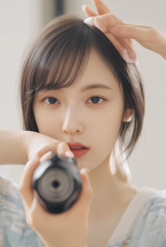 The girl is aiming the gun. Her face is very innocent and pretty Korean girl. She is naked. The photo contains her upper body.