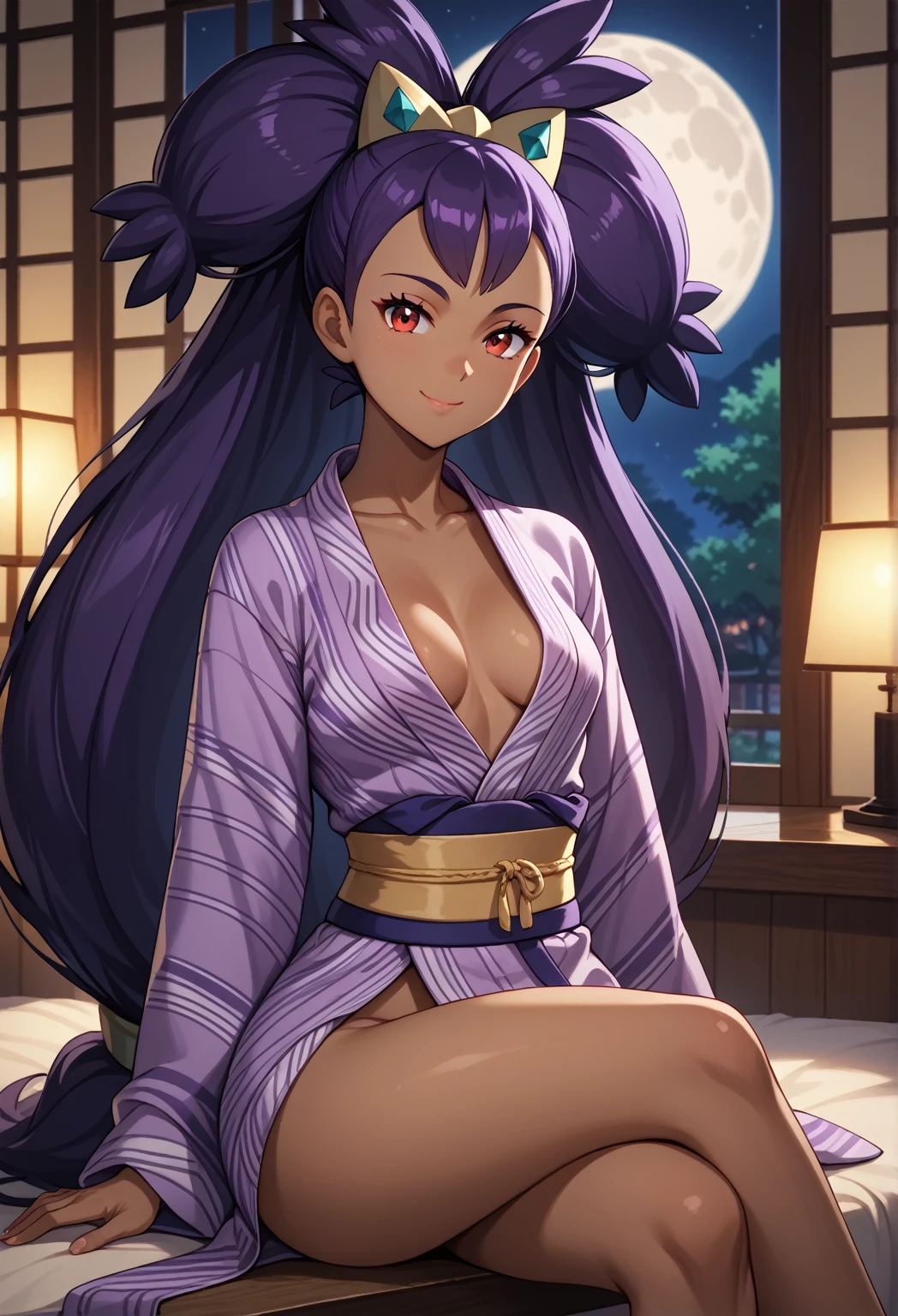 Best Quality, Masterpiece, ultra high resolution, iris \(pokemon\), purple hair, long hair, red eyes, dark skin, big hair,small breasts,  BREAK , girl, solo, closed mouth, light smile,  yukata, purple kimono, open kimono, breast, sitting, crossed legs, looking at viewer, indoors, window, night, moon

