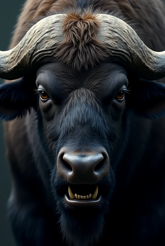 Horizontal image of a rustic buffalo face only with dark colors and ...