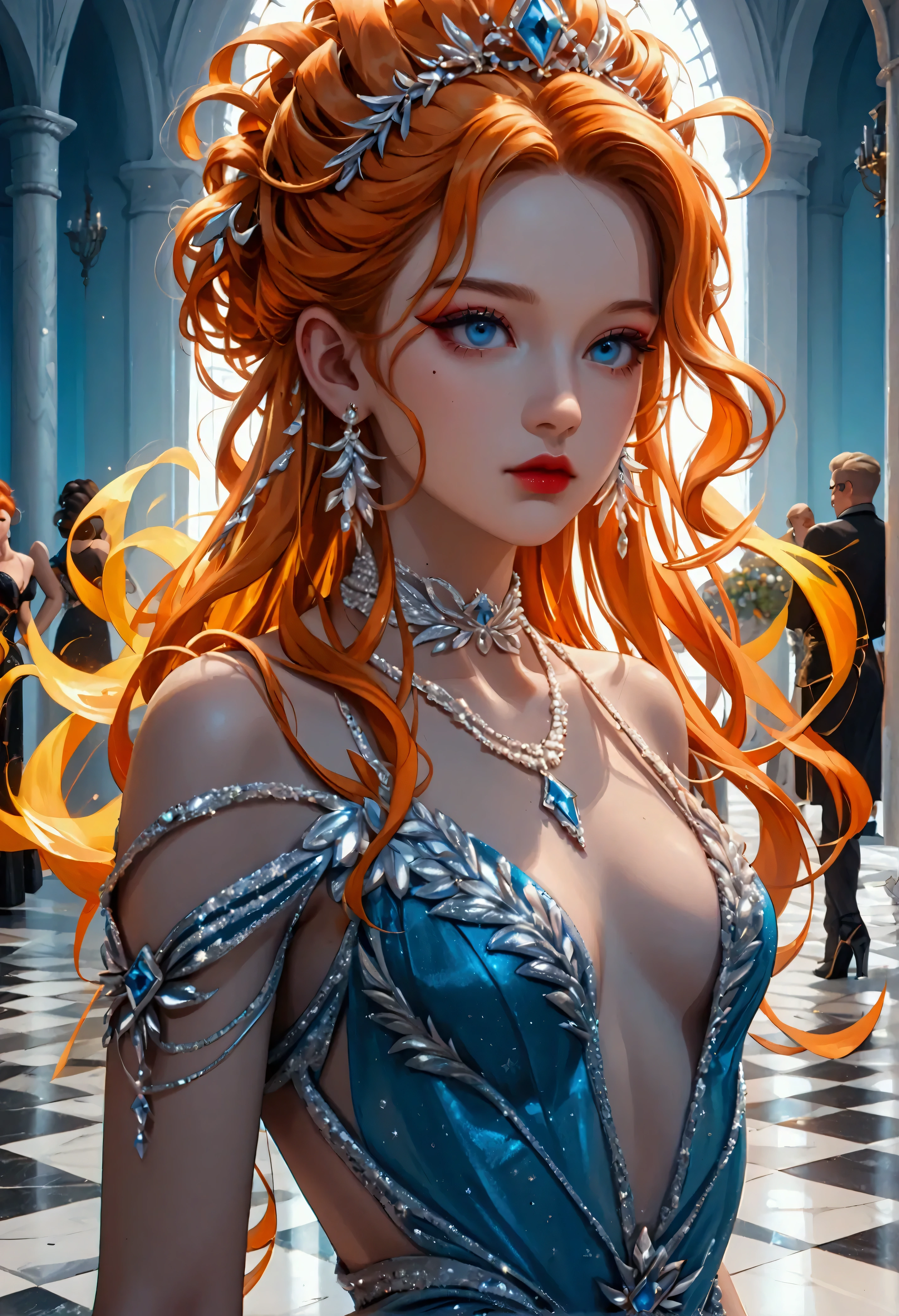 score_9, score_8_up, score_7 a glamour picture shot, of an elite model covered in fire walking on a icy catwalk, an extraordinary glamourous elite female model, ((full body: 1.5)),  ((anatomically correct: 1.5), (ultra detailed face: 1.2), best detailed face, orange hair, long hair, lush hair, glam hair cut, blue eyes, delicate face, light make up, wearing intricate detailed dress, glamour dress, haute couture dress, elite fashion dress, FireMagicAI,  small cleavage, wearing high heels, elegant high heels, she wears diamond necklace, she is covered in fire, she walks on an icy catwalk, image reflecting in the ice IceMagicAI, elite fashion show background, vibrant, Hyperrealism style, vibrant, Ultra-high resolution, High Contrast, (masterpiece:1.5), highest quality, Best aesthetics), best details, best quality, highres, ultra wide angle, 16k, [ultra detailed], masterpiece, best quality, (extremely detailed) RAW, FireMagicAI, IceMagicAI, Dark Art Painting Style, PASTELGOTH