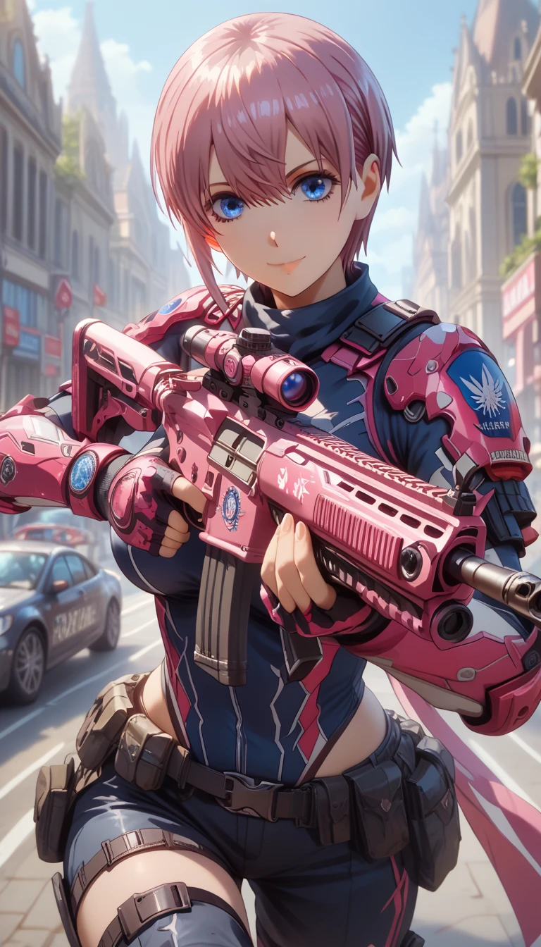 ultra-detailed, 1girl, ichika nakano, ((masterpiece)), (best quality), (highres), 16K, perfect face, short hair, bangs, blue eyes, hair between eyes, pink hair, wearing tactical clothes, tactical belt, black thong, knee pads, busty body, large breasts and a beautiful ass, showcasing cleavage, legs, hips, holding assault rifle, looking at viewer, smile, detailed full body, streets background