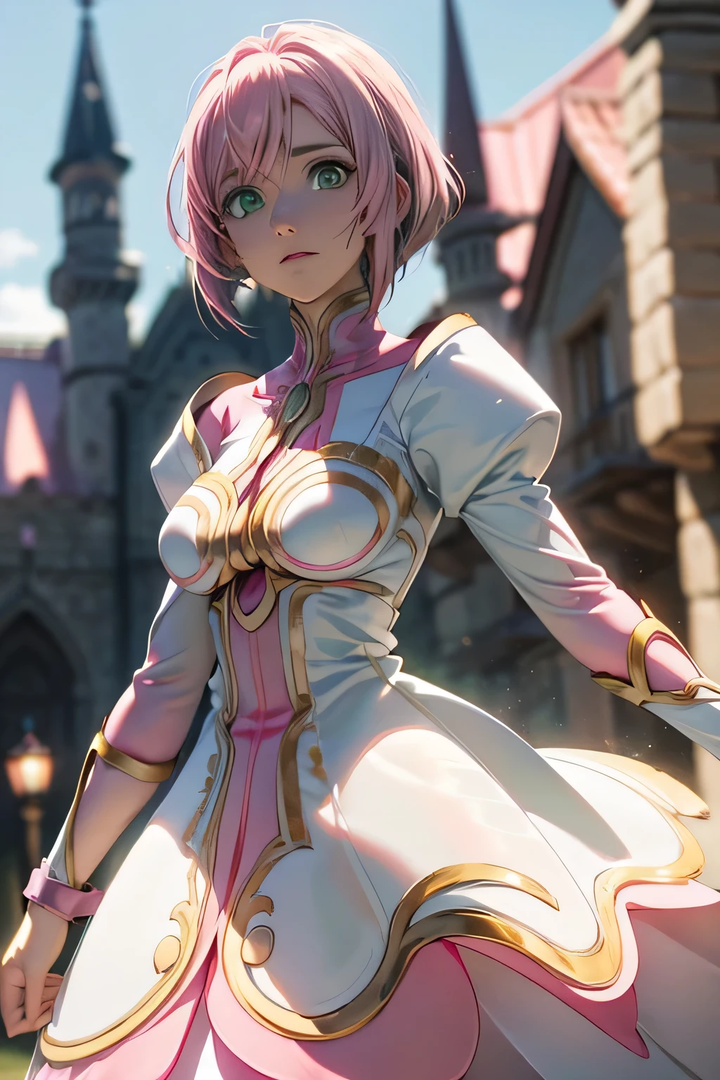  perfect anatomy　 best quality, highest resolution,(((White shiny dress　Green Eyes　 pink hair　small breasts)))　Estellise　[blurry]　16k　Castle